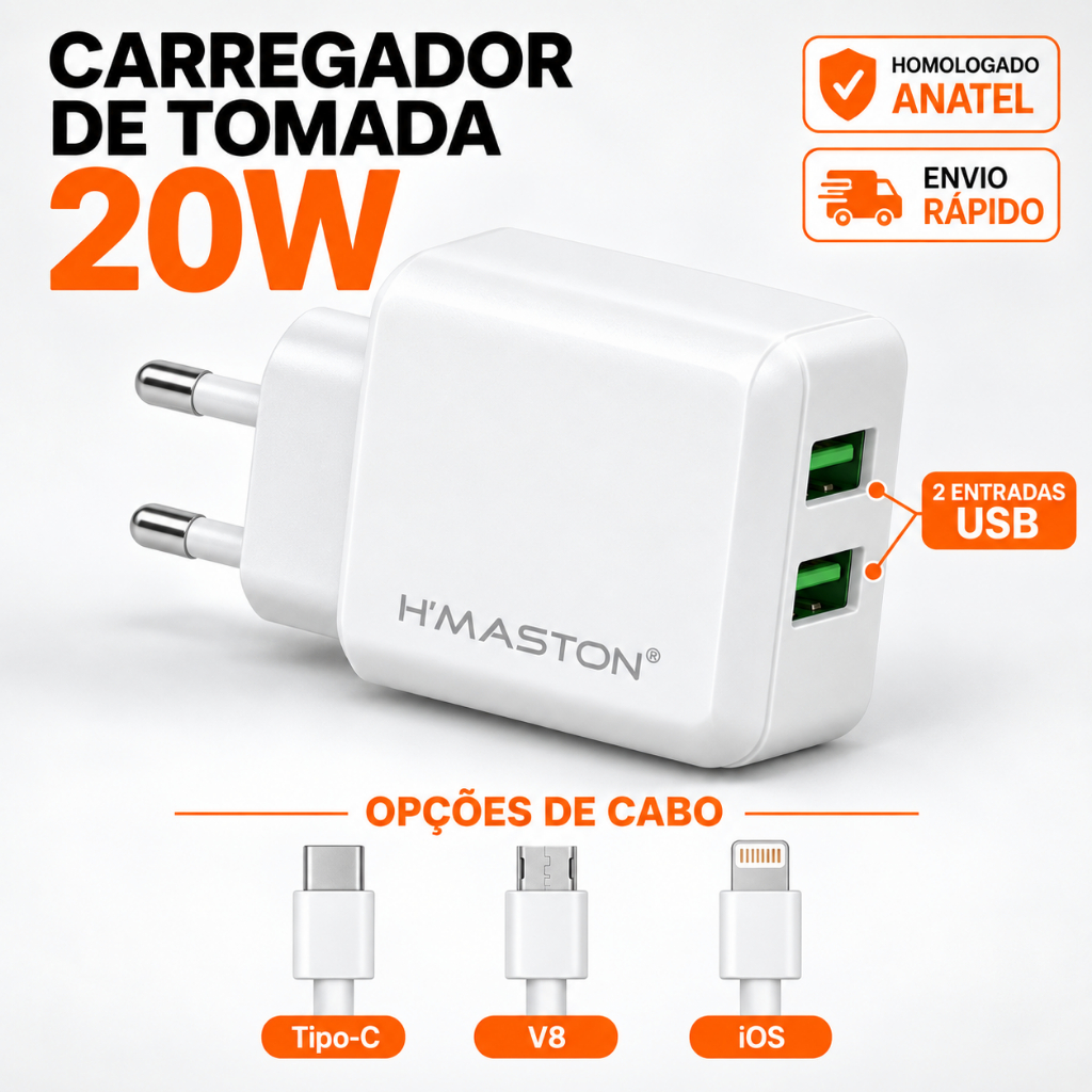 Fonte Carregador Celular Smartphone Turbo Hmaston USB 4.1A Homologado Anatel Tipo-C V8 IOS Iphone