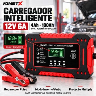 Carregador De Bateria Inteligente Automotivo 12V 6A Bivolt Com Reparo De Pulso e Display Digital Para Carro E Moto
