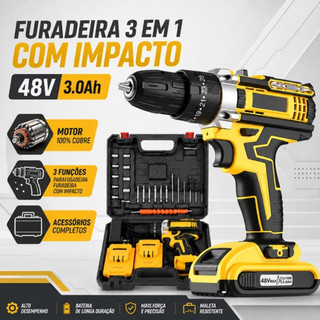 Parafusadeira Furadeira de Impacto 48V 55 Nm Sem Fio 2 Baterias 3 Funções com Maleta e Acessórios Kit