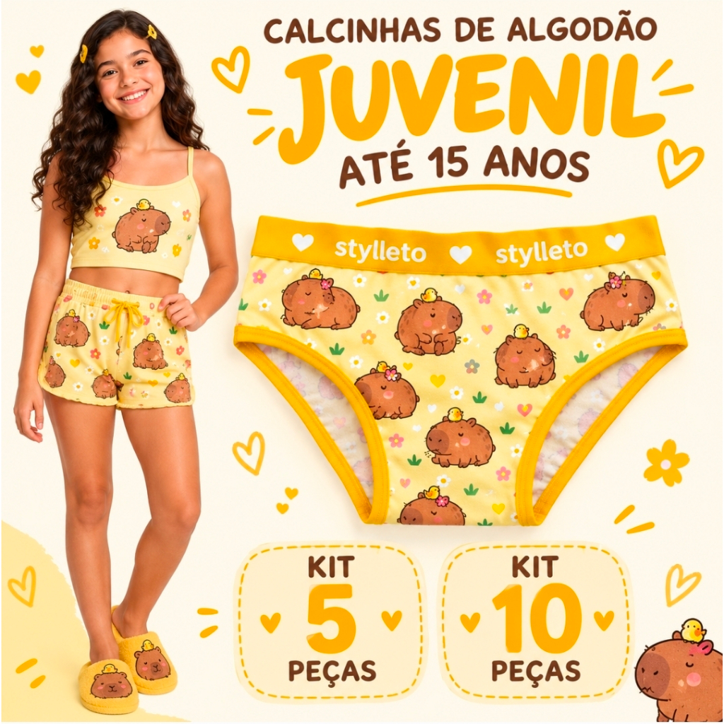 KIT 5 CALÇOLINHA JUVENIL EM ALGODÃO MENINA MOÇA CALÇINHA FEMININA COM ESTAMPAS INFANTILAS