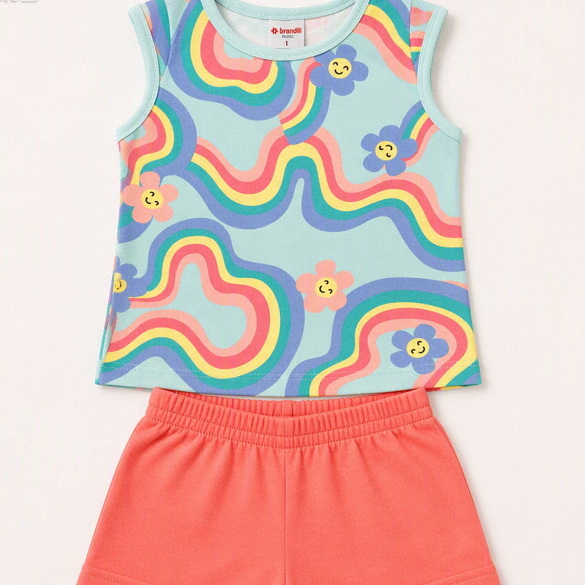 Conjunto Infantil Menina Regata Estampada e Shorts Coral Verão TAM M