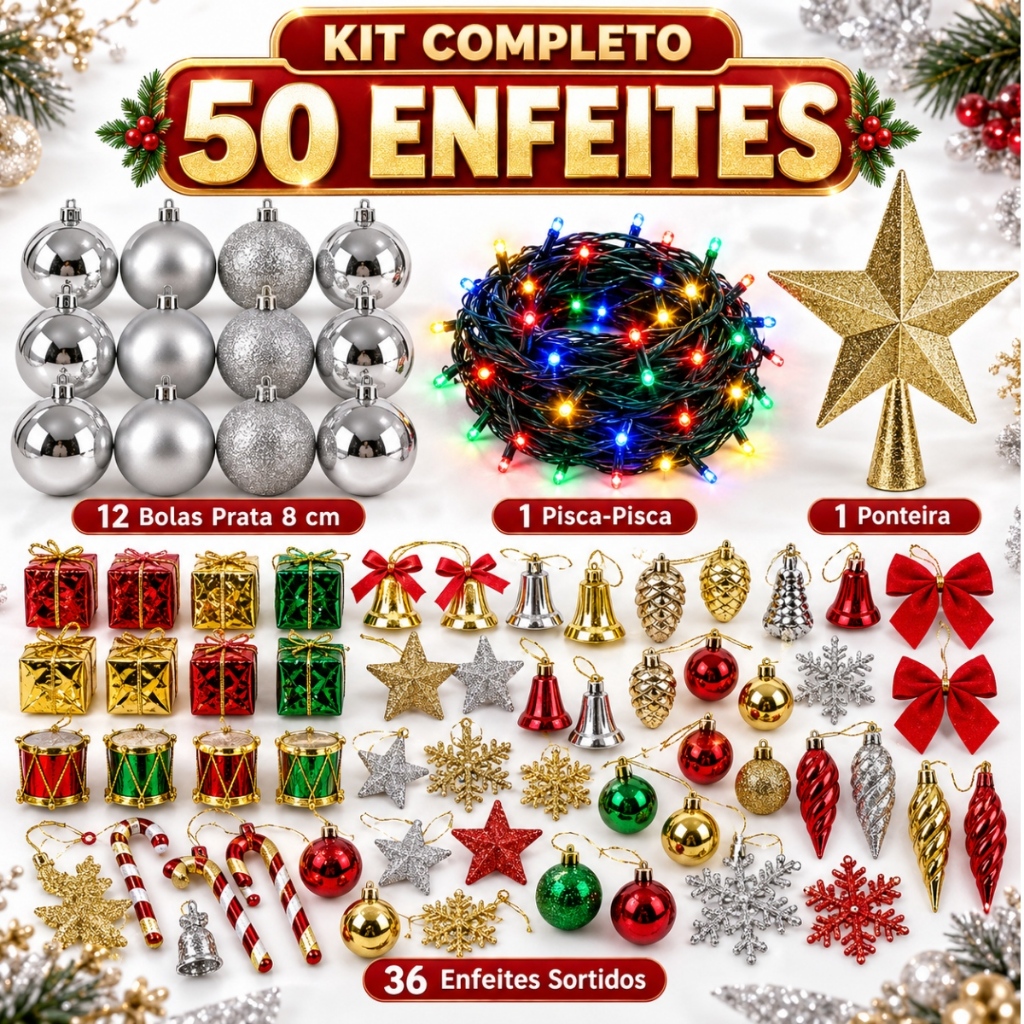 Kit 50 Enfeites Árvore De Natal Bolinhas Pendentes Pisca Pisca Laços Decoração Natalina Papai Noel!
