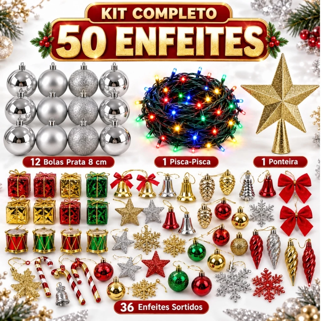 Kit 50 Enfeites Árvore De Natal Bolinhas Pendentes Pisca Pisca Laços Decoração Natalina Papai Noel