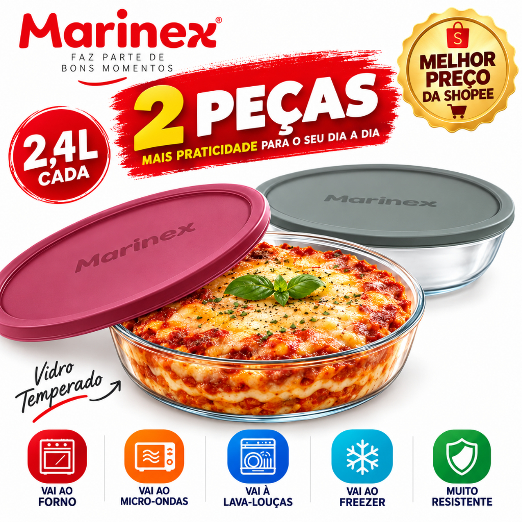 Kit Jogo 2 Forma Assadeira Marinex Redonda 2,4L com Tampa  Cores Sortidas Vidro Temperado Forno