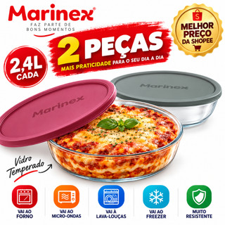 Kit Jogo 2 Forma Assadeira Marinex Redonda 2,4L com Tampa  Cores Sortidas Vidro Temperado Forno