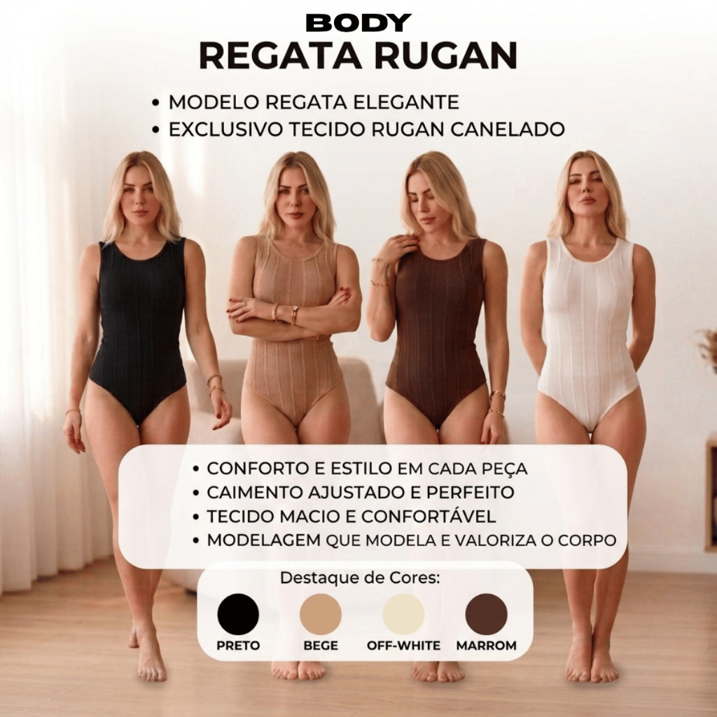 Body Feminino Regata Rugan Canelado Ajustado Modelador Confortável Premium Casual Elegante