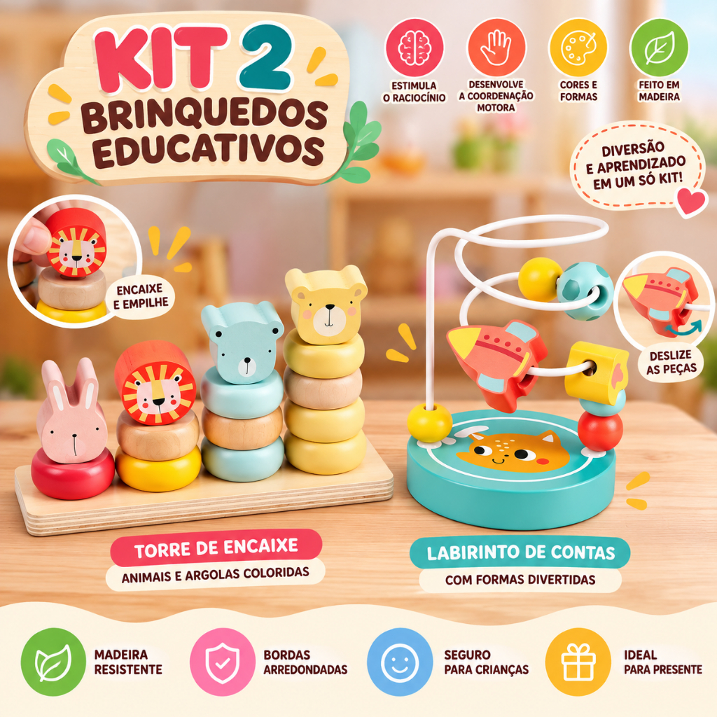 Encaixe Argolas 4 Colunas Cores Claras Madeira Brinquedos Educativos Montessori Clean MDF Educativo