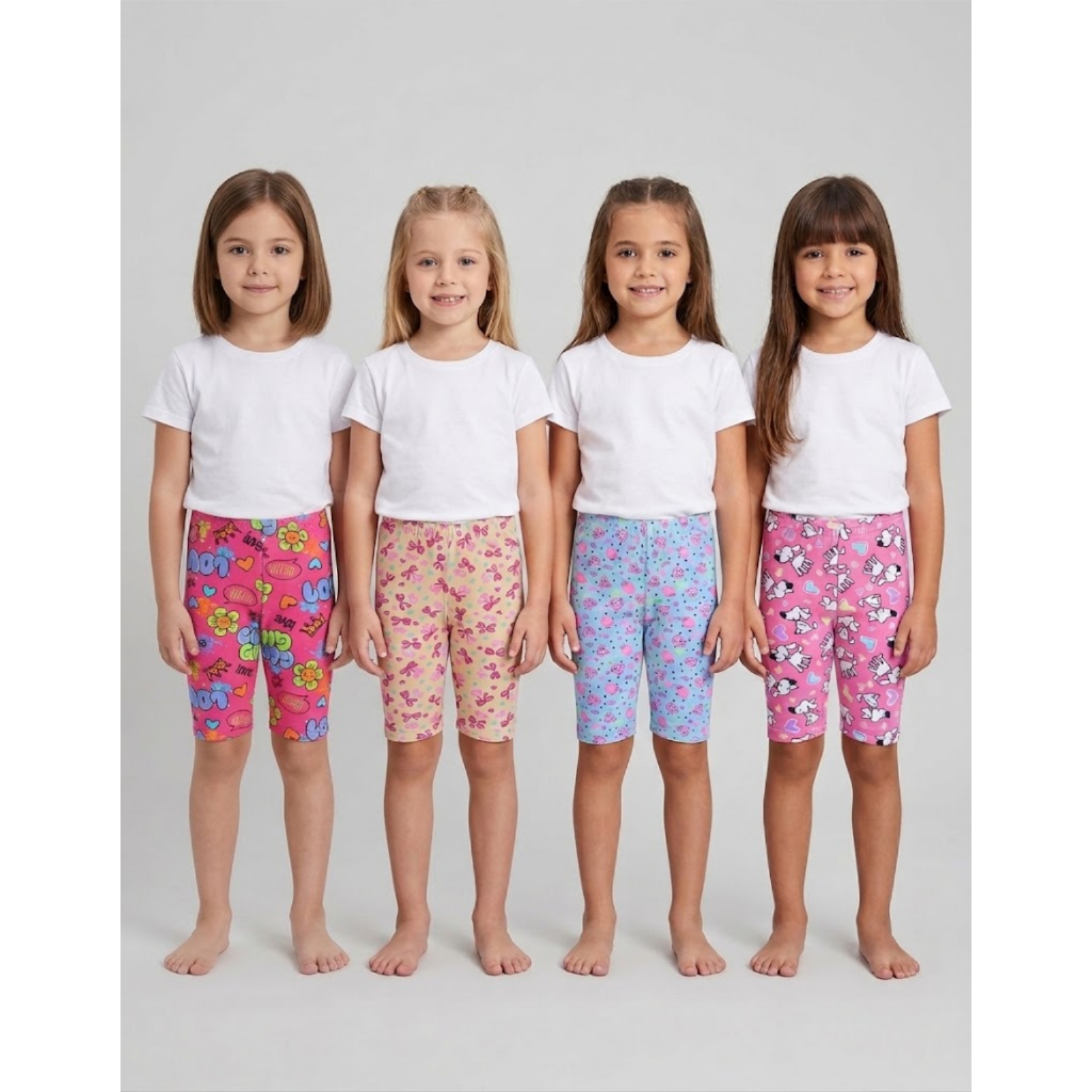 Kit 4 Shorts Ciclista Infantil Feminino Estampado Bermuda Menina Algodão Confortável Roupa Escolar Moda