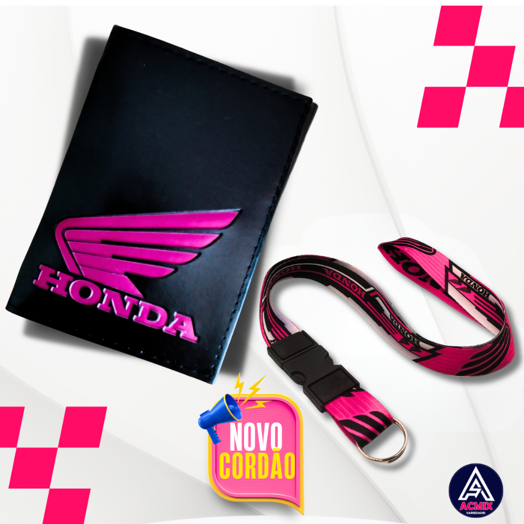 Carteira Porta Documentos Moto Honda Pink + Cordão Pescoço Engate Rápido Honda Pink