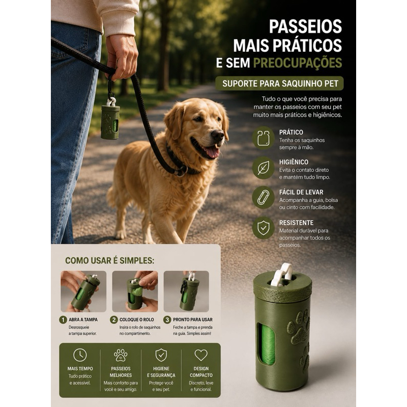 🐾 Suporte Porta Saquinho Higiênico para Cachorro – Dispenser de Saquinhos para Passeio