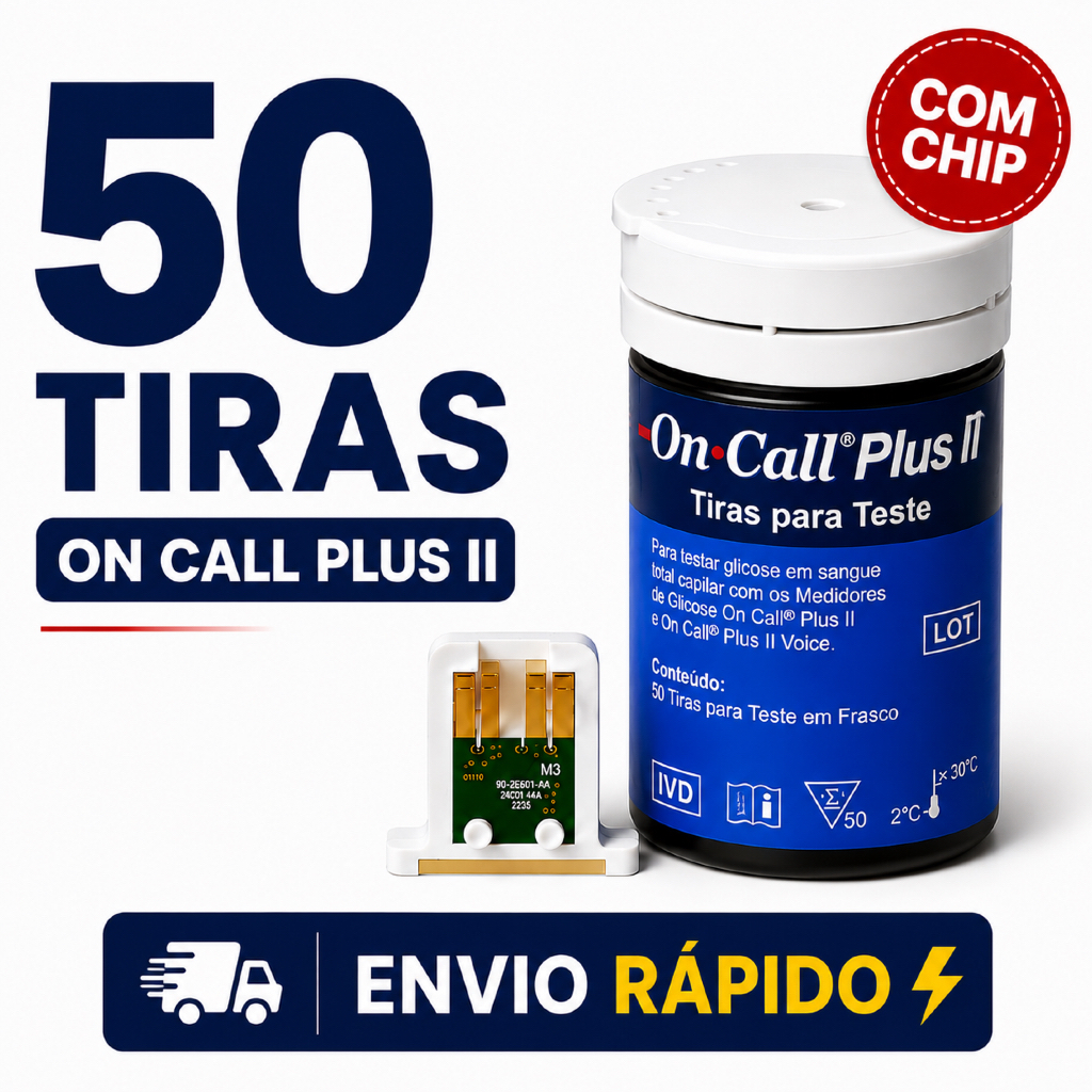 50 Tiras de Glicemia On Call Plus II com Chip Fita de Glicemia Medir Glicemia