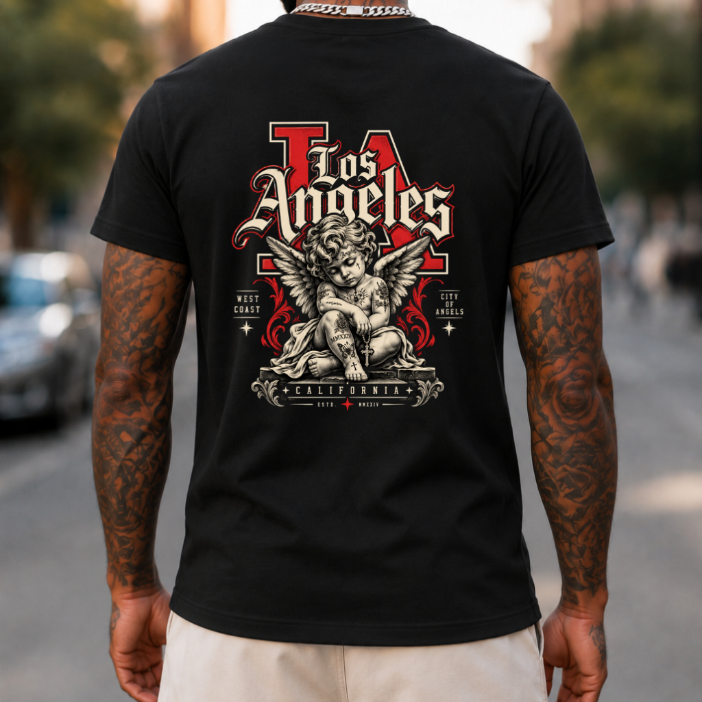 Camiseta Masculina Los Angeles California Anjo Vintage Streetwear Estampa Frente e Costas 100% Algodão Lançamento