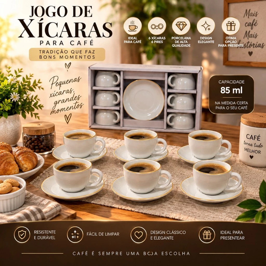 Conjunto 6 Xícaras Porcelana Branca 85 ml Pires Madeira Café Chá Mesa Café Manhã Mesa Posta Completa Aconchegante
