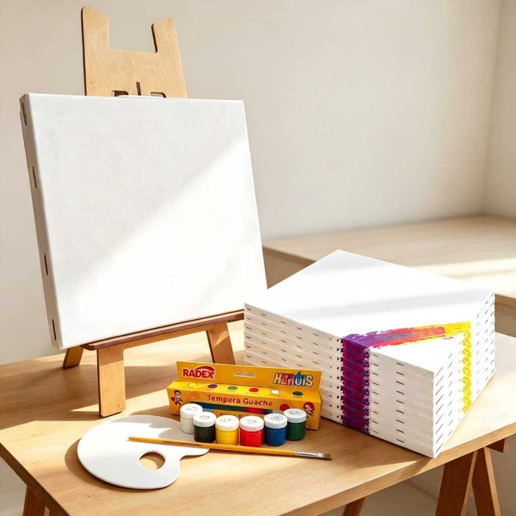 Kit 10 Telas Pintura 20x30 + 1 Mini Cavalete + 06 Potes Tintas + 1 Pincel Kit de pinturta iniciante