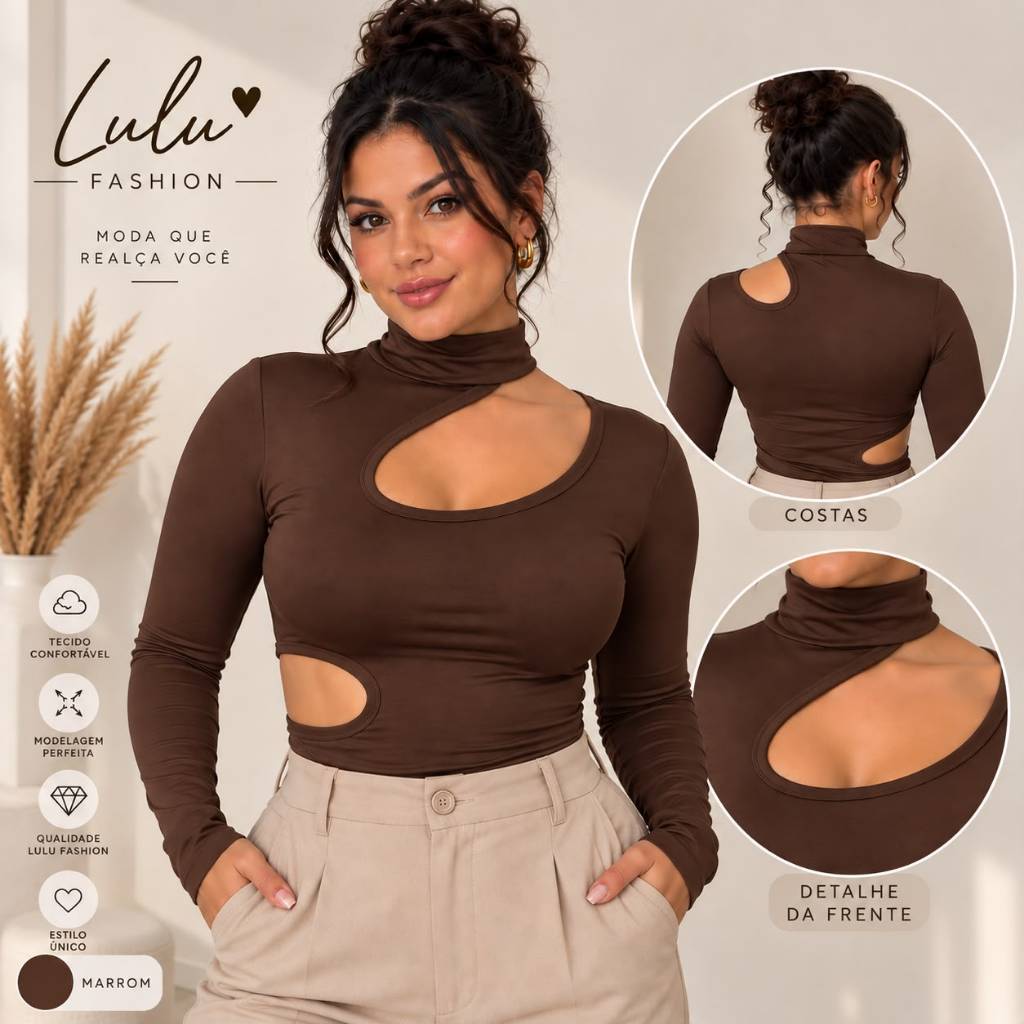 Cropped Recortado Manga Longa Suplex Aberturas Roupas Feminina Moda Outono Inverno P M G GG