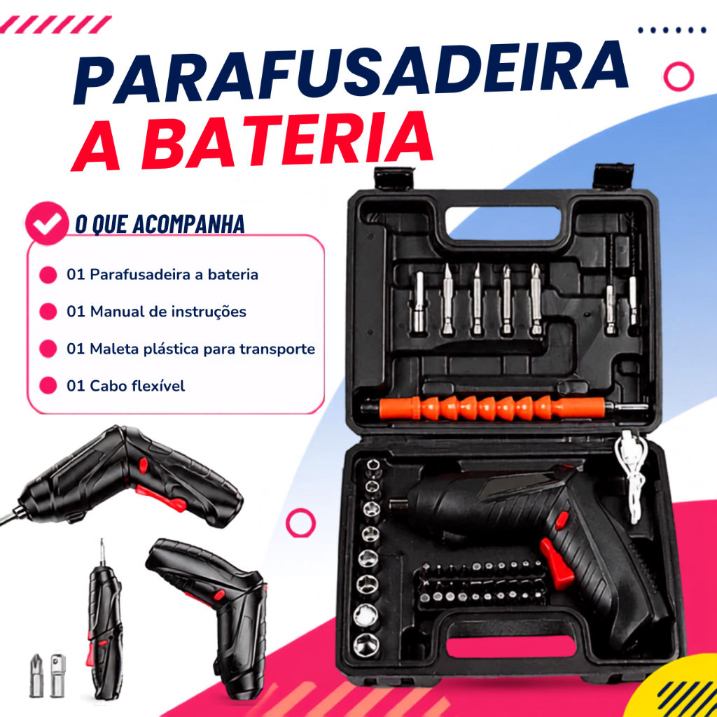 kit Parafusadeira 48 Pçs À Bateria Carregador Usb (Dupla posição)