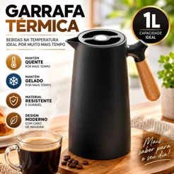 Garrafa Térmica Café Chá Minimalista Nórdica Cabo em Madeira 1 Litro
