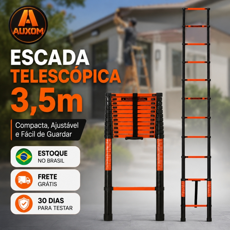 AUXOM 3,5m Escada Telescópica Extensível Aço Carbono 9 Degraus Dobrável Antiferrugem