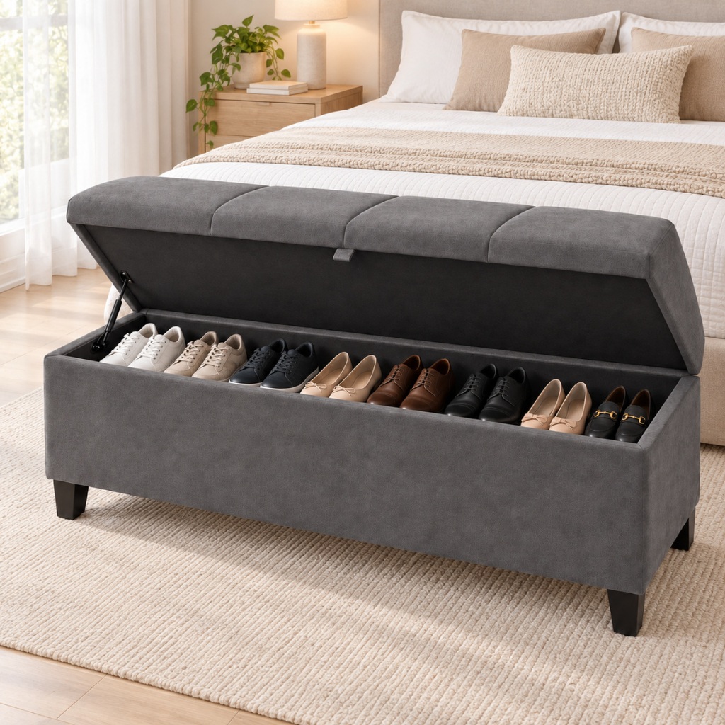 Calçadeira Baú Recamier 120cm Veludo Cinza com Pés para Quarto – Banco Organizador Estofado — imagem 2 de 2