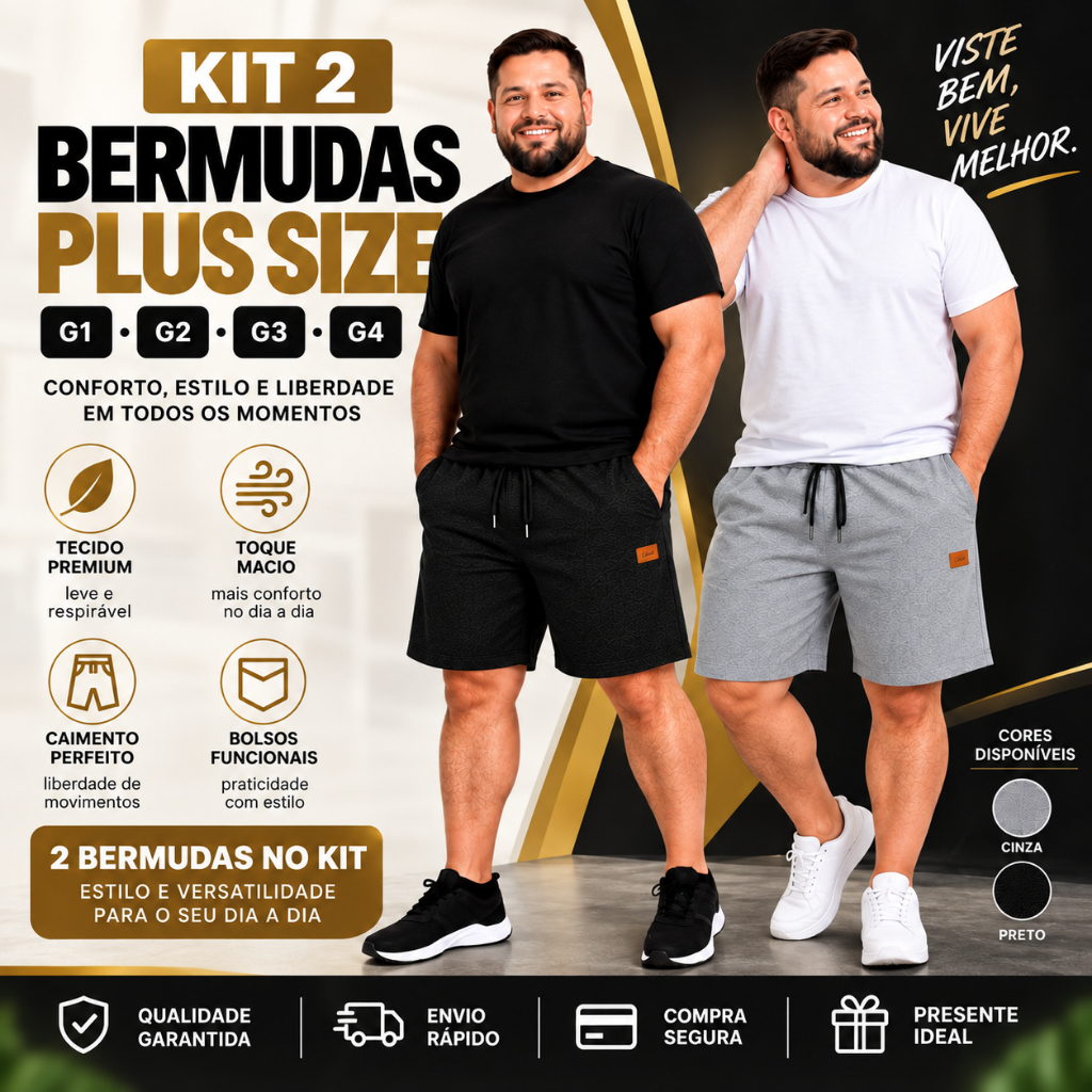 Kit 2 Bermudas Plus Size Masculina Moletinho Premium Com Bolso Cós Elástico Conforto Academia Casual Top
