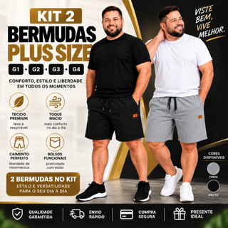 Kit 2 Bermudas Plus Size Masculina Moletinho Premium Com Bolso Cós Elástico Conforto Academia Casual Top