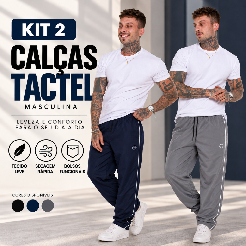 Kit 2 Calças Tactel Masculina Premium Leve Secagem Rápida Cós Elástico Confortável Casual Dia a Dia Academia