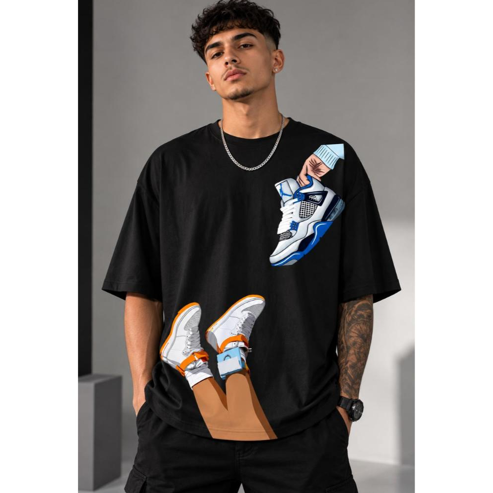 Camiseta Oversized Masculina Feminina Streetwear Tênis Sneaker Estampada Moda Urbana Unissex 100% Algodão Premium Casual