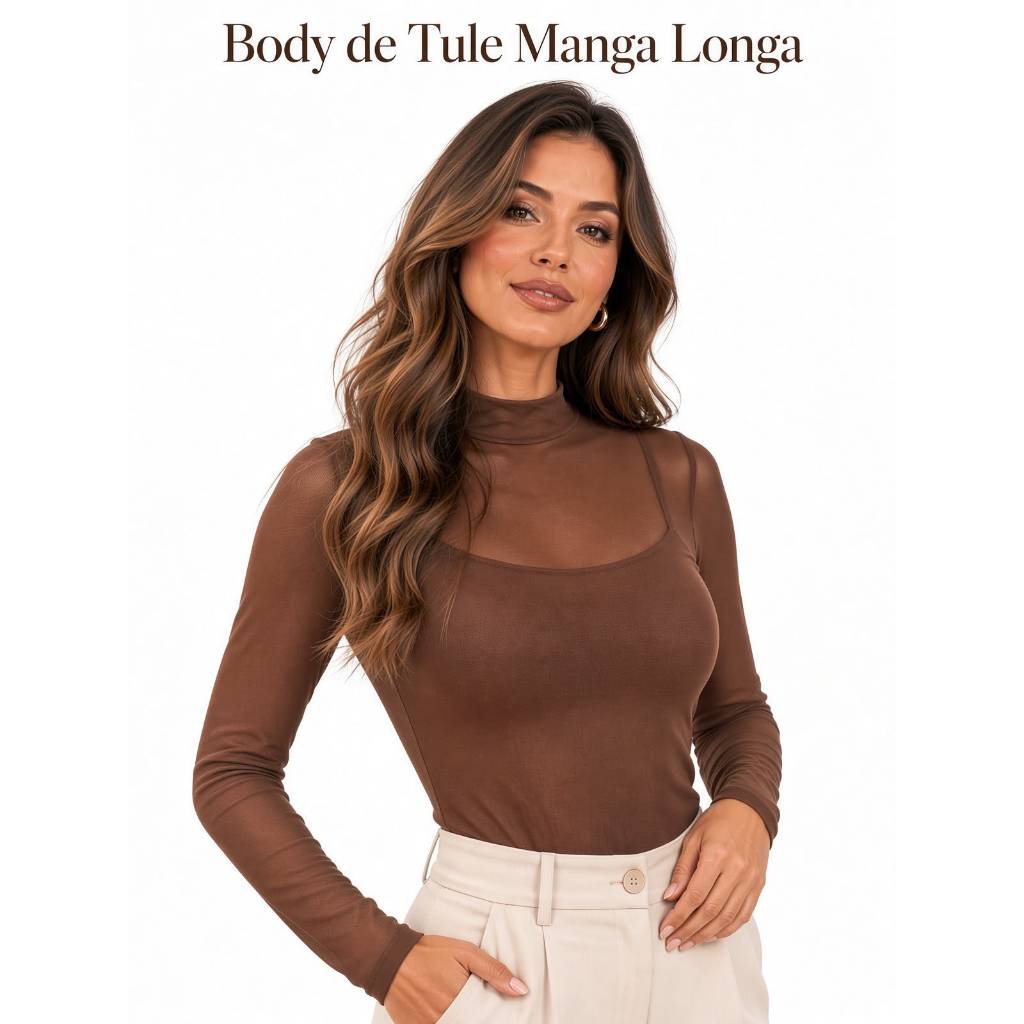 Body de Tule Feminina Gola Alta Manga Longa Transparente Elegante Moda Festa Balada