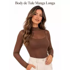 Body de Tule Feminina Gola Alta Manga Longa Transparente Elegante Moda Festa Balada