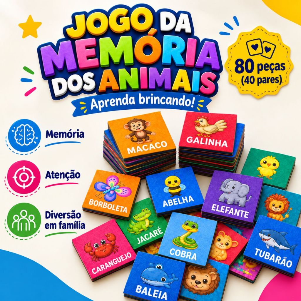 Jogo Memória Animais 80 Peças MDF Madeira Colorido Brinquedo Pedagógico Educativo Infantil
