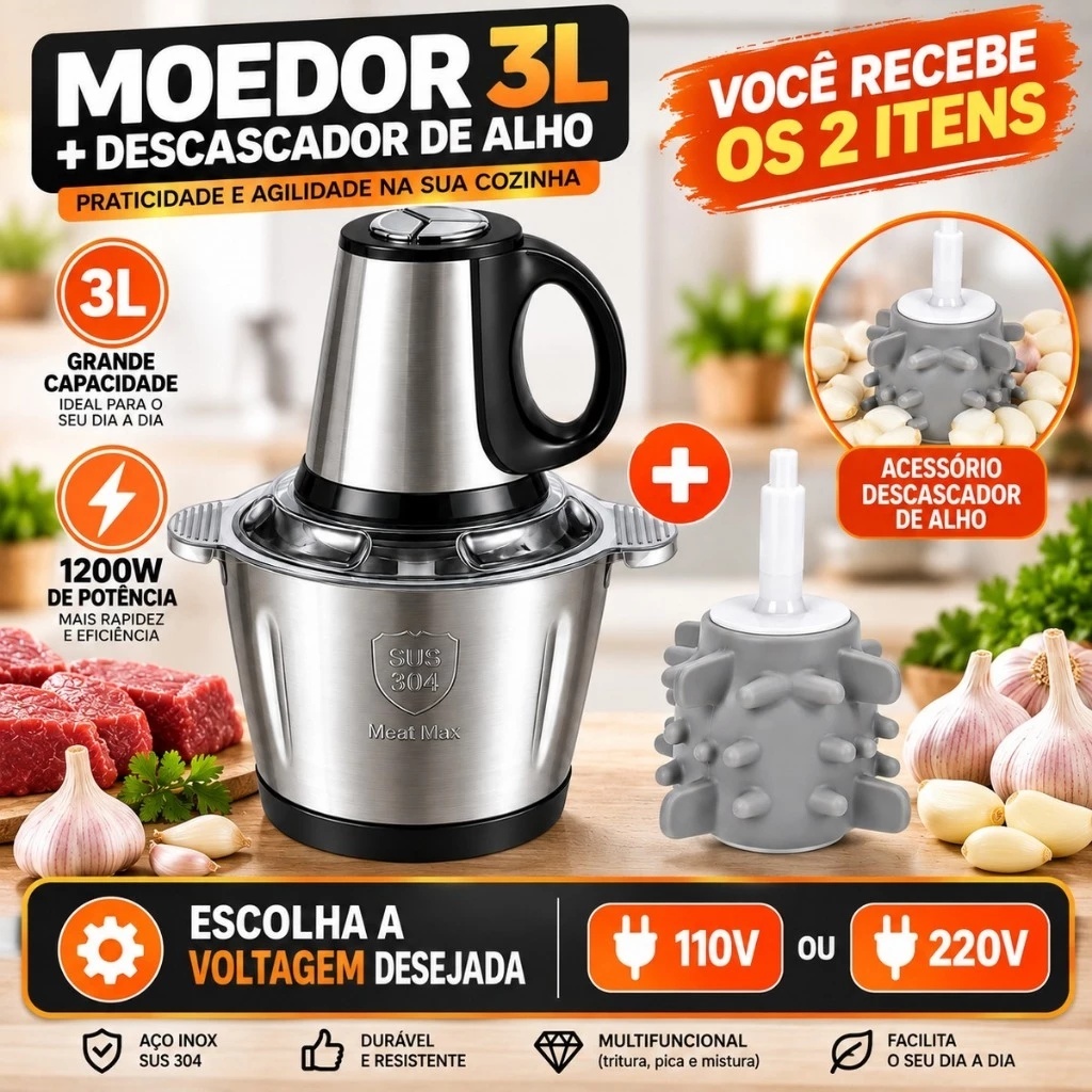 Moedor de Carne Elétrico 1200W 2L 3L Inox Triturador Processador de Alimentos 110V 220V com Alça