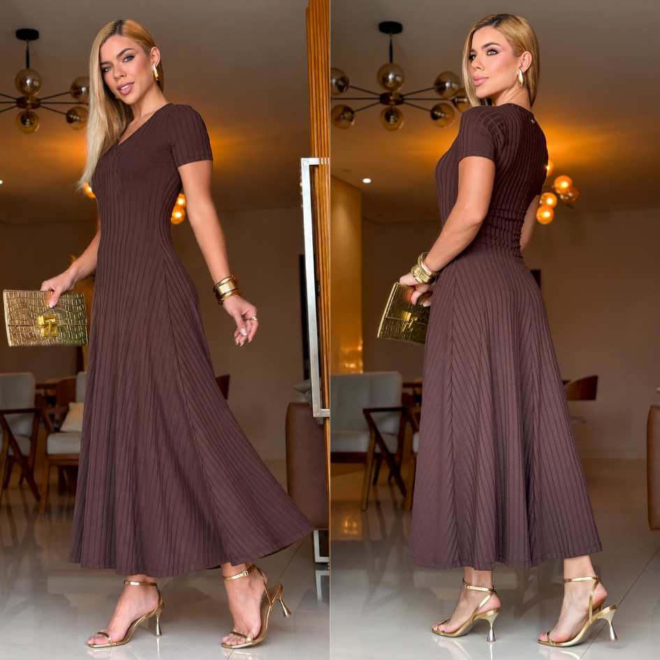 Vestido Feminino Midi Evasê Marrom Canelado Gola V Confortável Casual Elegante Clássica Evangélico