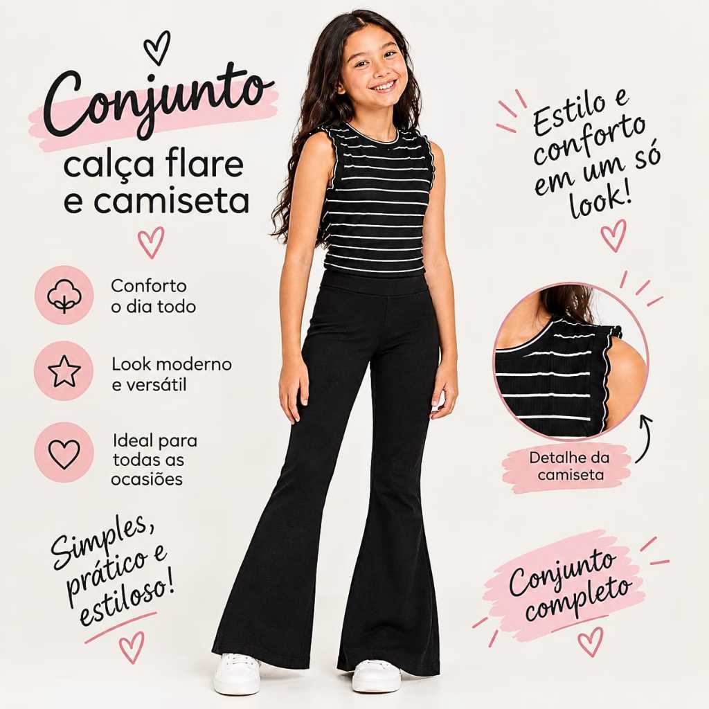 Conjunto Infantil Feminino Calça Flare E Camiseta Listrada 10 a 16
