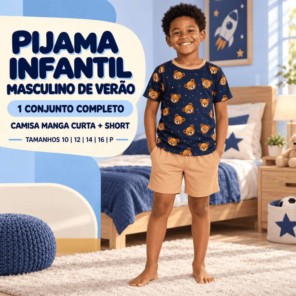 Conjunto Pijama Masculino Infantil de Verão em Poliéster, Camiseta e Shorts com Estampas Sortidas, Tamanhos 2 a 16