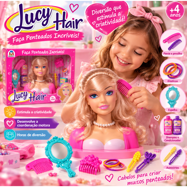 Boneca Cabeça Para Pentear e Maquiar Lucy Hair Faça Penteados e Acessórios