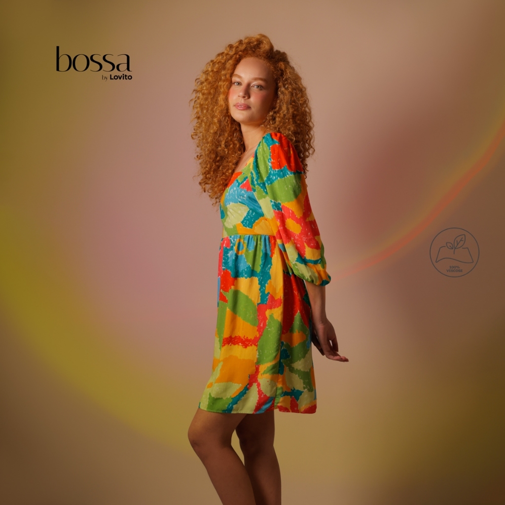 Lovito Bossa Vestido Feminino em Viscose Com Mangas 3/4 Estampa Colorida DRB618BRL648 · foto 2