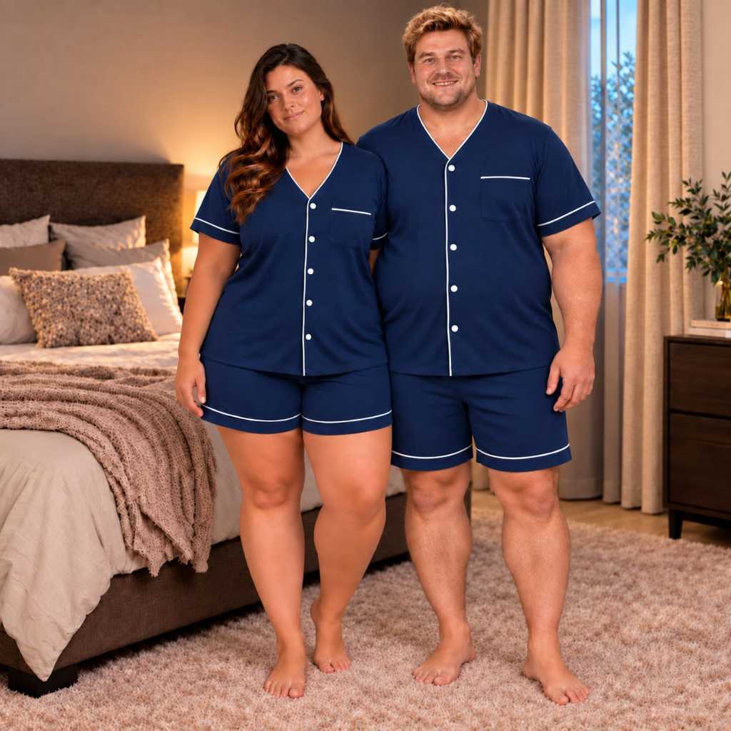 Kit 2 Pijamas Americano Curto De Algodão Plus Size Unissex Aberto Botões