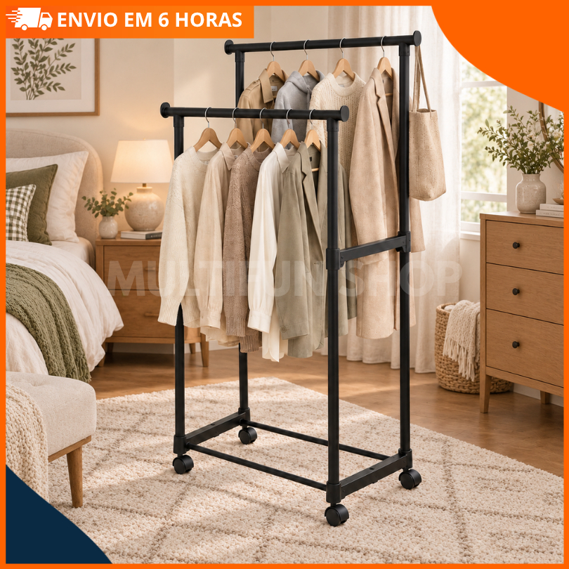 Cabideiro Arara Dupla de Roupa em Sapateira Quarto Resistente C/ Rodinha Multiuso Mais de 20 Cabides