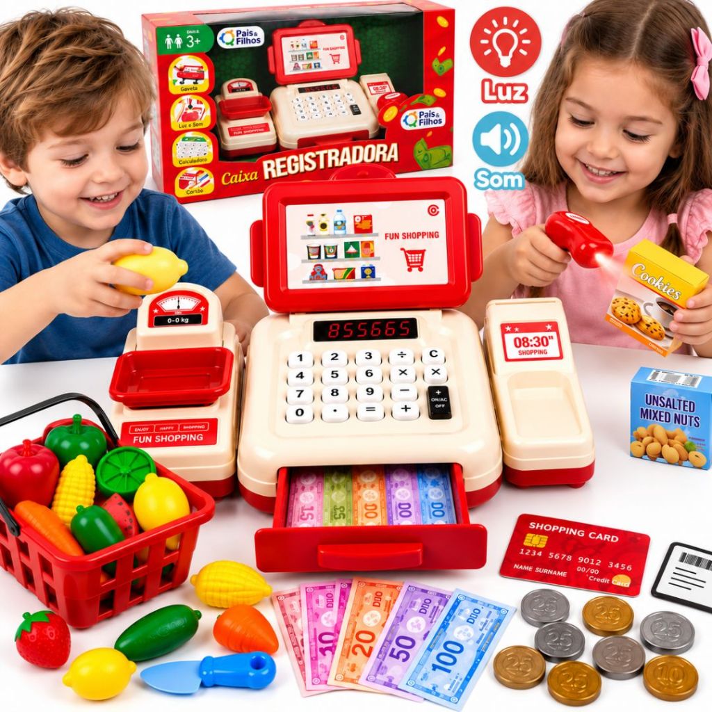 Mercadinho Infantil Caixa Registradora Carrinho De Compras Supermercado Menino Menina Com Som Luz Scanner Comidinhas