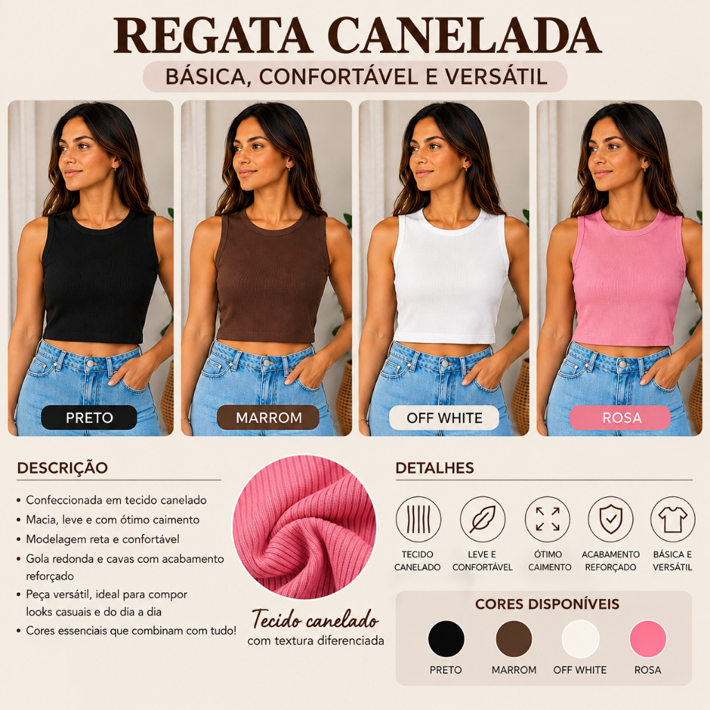 Regata Feminina Cropeed Canelada Moda Básica Casual Confortável Ótimo Caimento