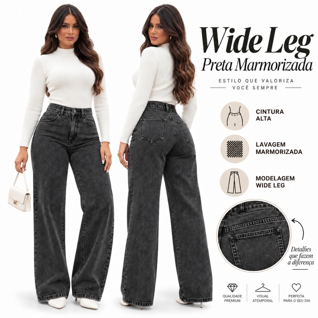 Calça Jeans Wide Leg Marmorizada Preta Cintura Alta Levanta Bumbum Perna Larga 34 ao 48