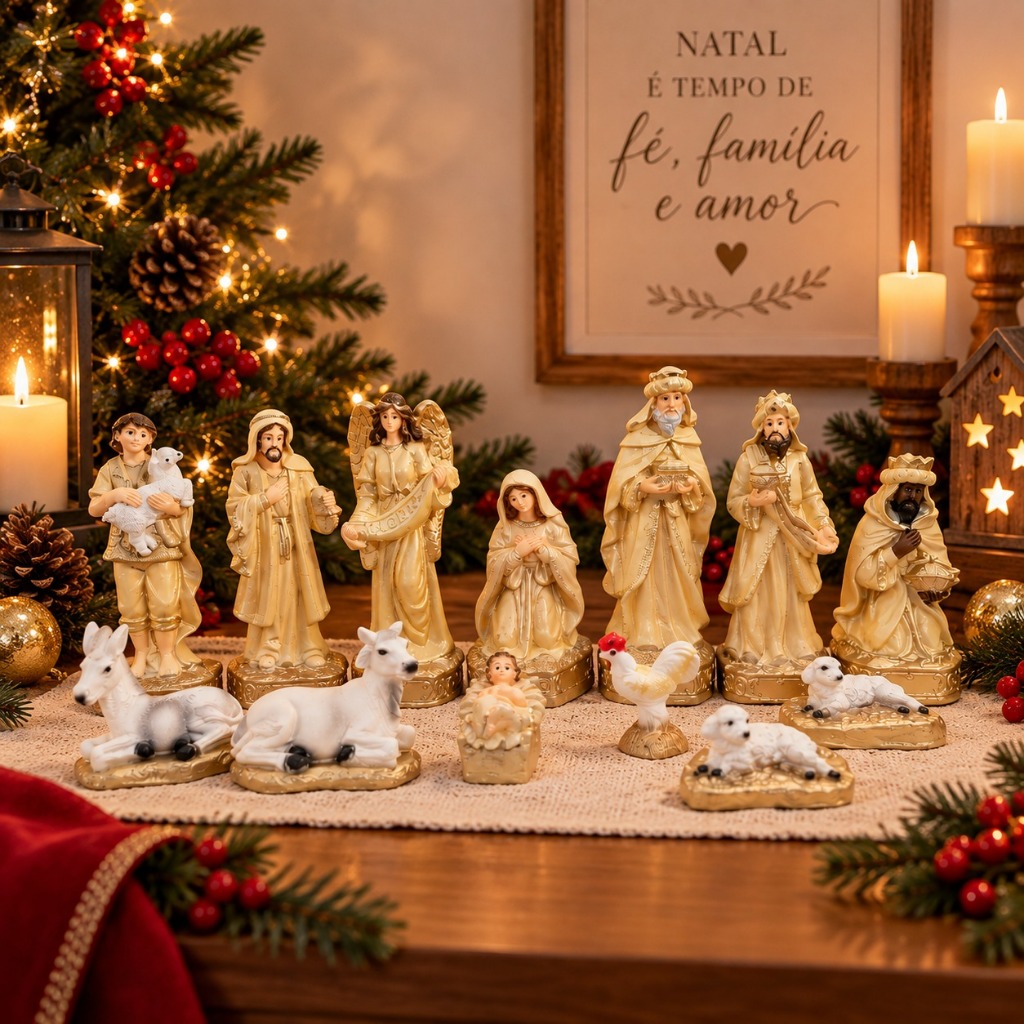 Presépio de Natal Completo 13 Peças 15cm Gesso Resinado Dourado Alta Qualidade Exclusivo