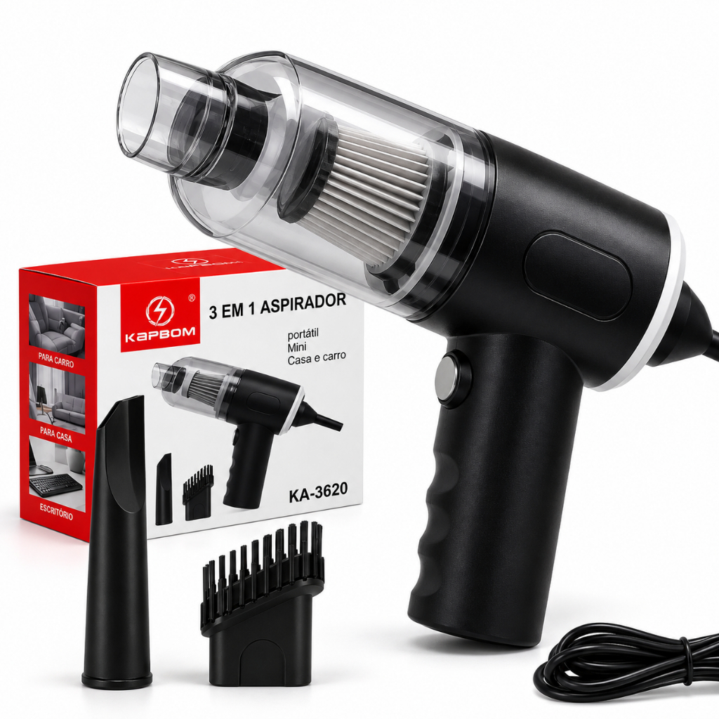 Aspirador de Pó Portátil 3 em 1 para Carro e Casa Mini Aspirador Automotivo KA-3620 com Acessórios