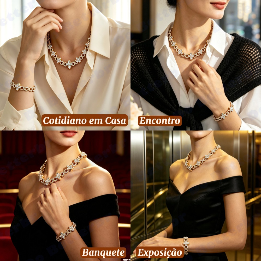 Colar de trevo cravejado de diamantes feito de aço de titânio joia feminina requintada Conjunto de colar e pulseira — imagem 2 de 2