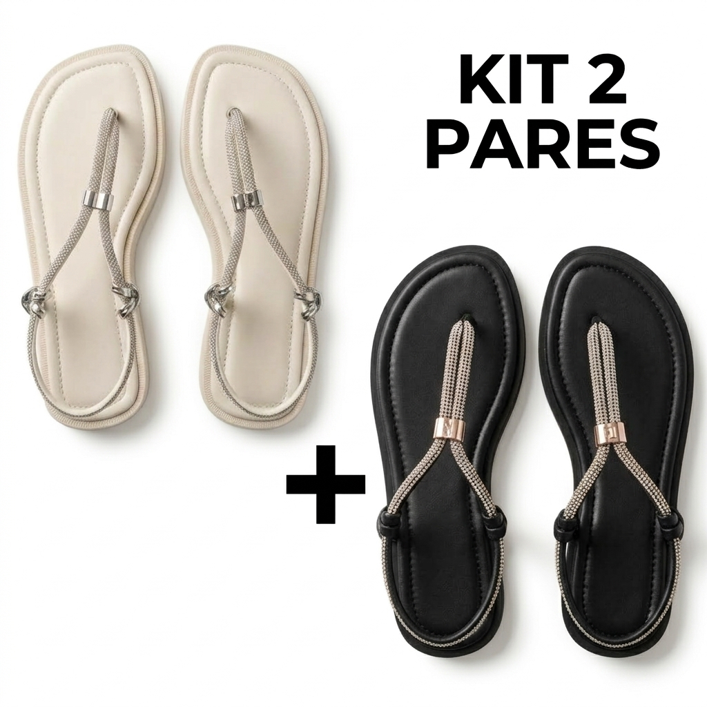 Kit 2 Pares Sandália Rasteirinha Feminina Com Brilho Strass Pedraria Rasteira Calce Fácil Tendência Verão