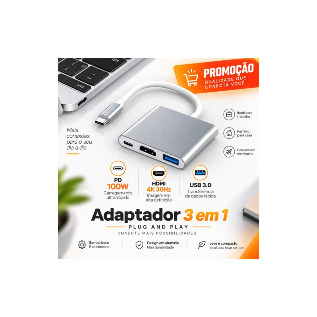 Adaptador USB C 3 em 1 HDMI 4K USB 3.0 PD Samsung DeX MacBook promoção