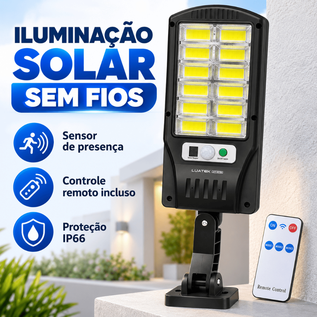 Refletor Solar 600W LED Sensor Presença Controle Remoto LKY0018A