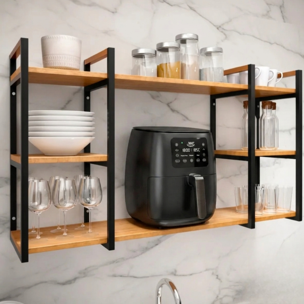 Prateleira Industrial Bolonha 120x30x78cm Suporte Metal Decorativa Suspensa para Cozinha, Eletrodomésticos, Decoração