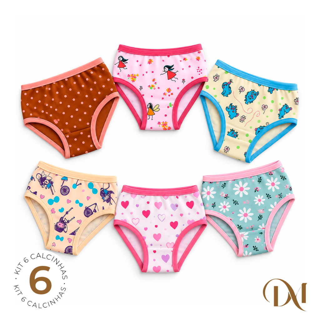 Kit 6 Calcinhas Tanga Infantil Feminina Menina Juvenil Estampadas Sortidas Antitranspirante Confortável