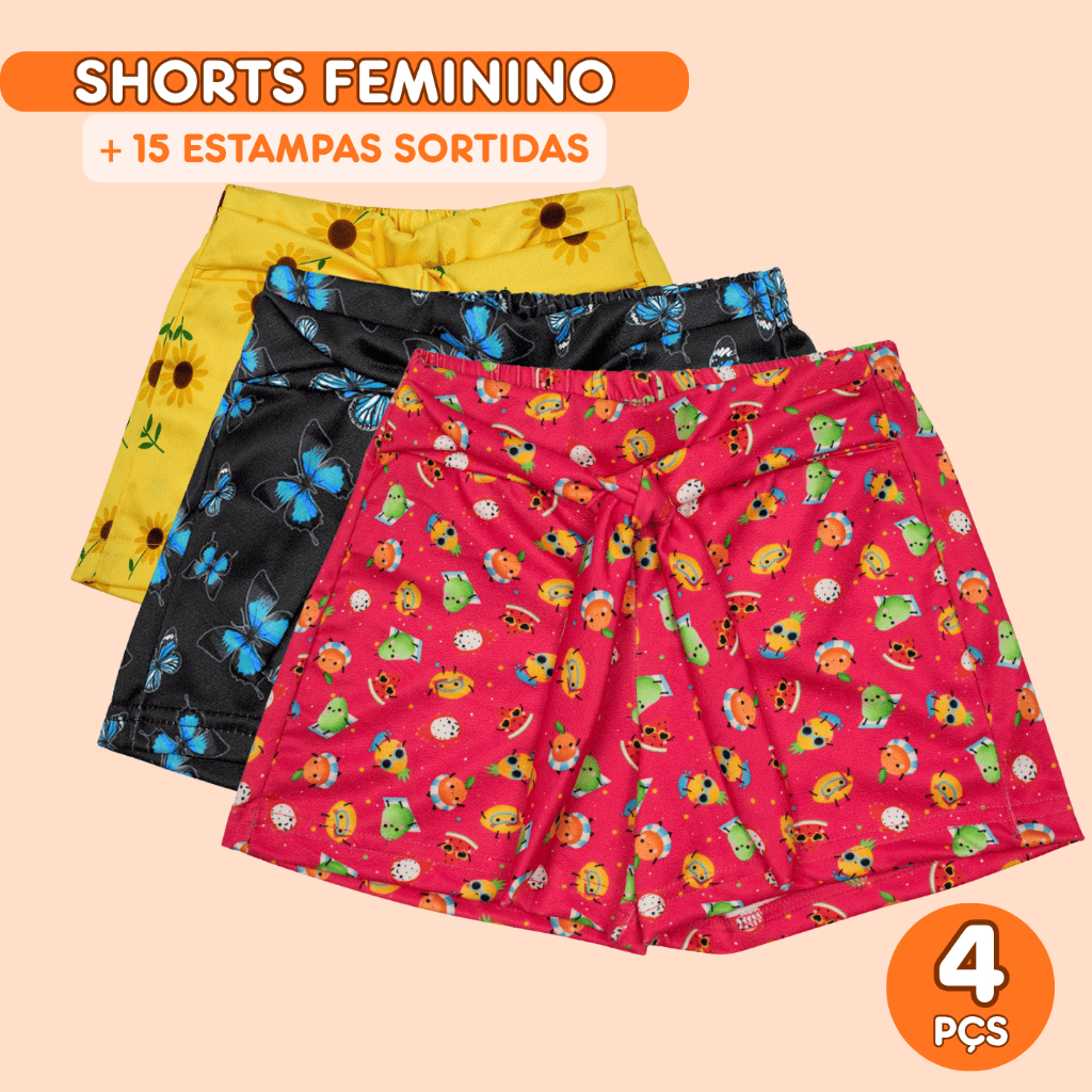 Kit 4 Shorts Infantil Menina Bermuda verão infantil dia a dia estampas coloridas